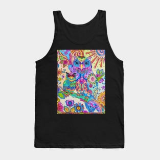 Colorful Pencil Sketch Owl Doodle Art Motif Tank Top